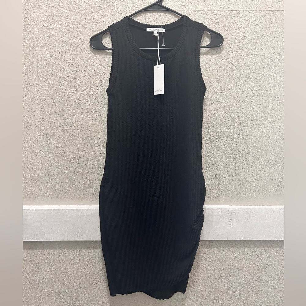 ANTISTAR Black Ribbed Knit Dress with Ruched Side NWT XS